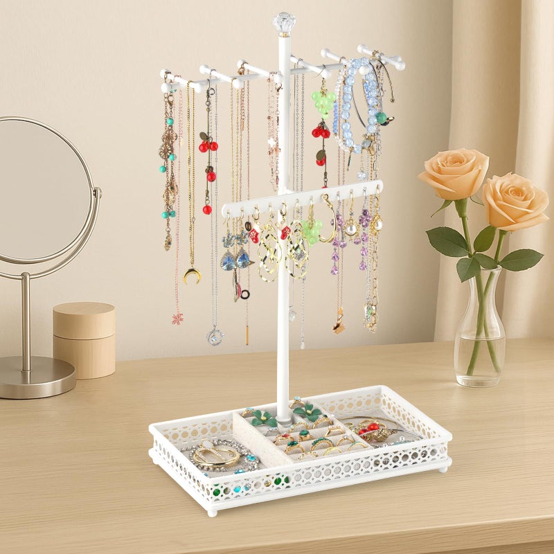 Meangood Jewelry Tree Stand Organizer 3in1 Necklace Organizer Display Bracelet Earrings and Ring Tray Jewelry Holder Hanger Metalï¼ˆWhiteï¼‰ - Image 2